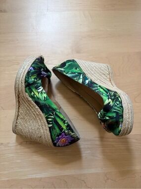 Geox Espadrille Wedge Sandals - Green Tropical Print Sz 37
